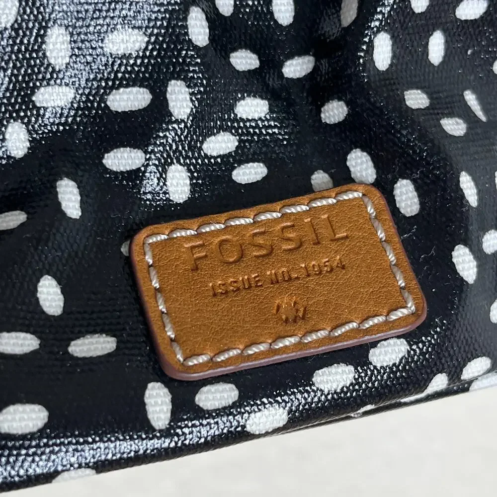 Fossil Large Waxed Leather Shoulder Tote Zip Top Black Speckeled Bag - Picture 3 of 8